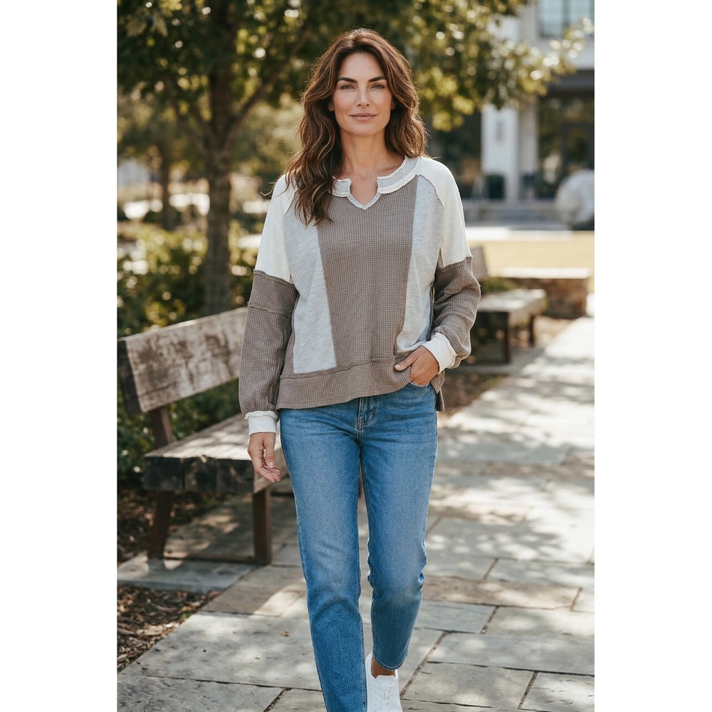 NWOT POL Clothing Women Neutral Color-block Waffle Knit Thermal Top Grey Taupe M